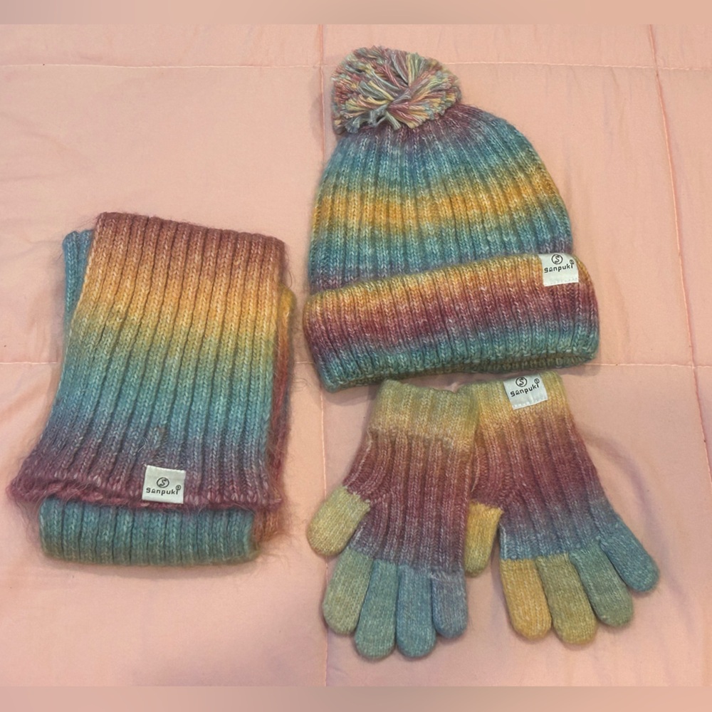 Colorful Knit Hat, Scarf, and Gloves Set